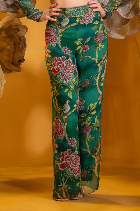 Buy_Sonia Baderia_Green Chiffon Embroidery, Stones Tropical Print Cropped Jacket And Flared Pant Set _Online_at_Aza_Fashions