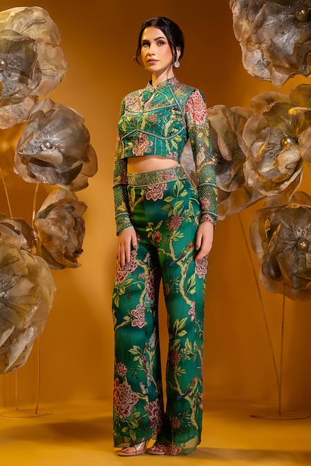 Shop_Sonia Baderia_Green Chiffon Embroidery, Stones Tropical Print Cropped Jacket And Flared Pant Set _Online_at_Aza_Fashions