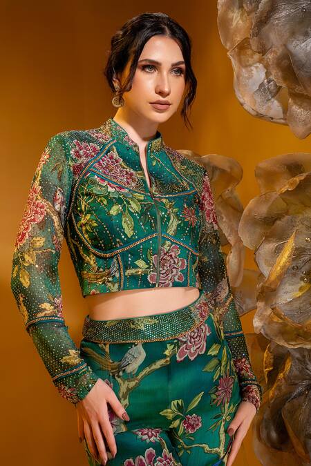 Sonia Baderia_Green Chiffon Embroidery, Stones Tropical Print Cropped Jacket And Flared Pant Set _at_Aza_Fashions