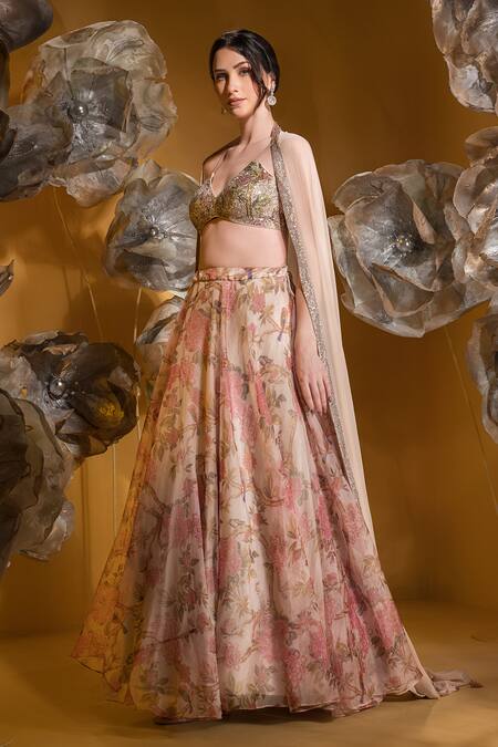 Buy_Sonia Baderia_Beige Chiffon, Organza Embroidery Sweetheart Neck Floral Print Skirt Set _Online_at_Aza_Fashions