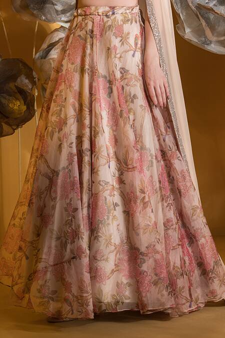 Shop_Sonia Baderia_Beige Chiffon, Organza Embroidery Sweetheart Neck Floral Print Skirt Set _Online_at_Aza_Fashions
