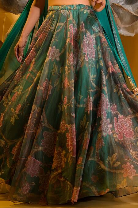 Buy Sonia Baderia Green Chiffon, Organza Smocking Sweetheart Neck Floral Print Skirt Bralette Set Online at Aza Fashions Buy_Sonia Baderia_Green Chiffon, Organza Smocking Sweetheart Neck Floral Print Skirt Bralette Set _Online_at_Aza_Fashions