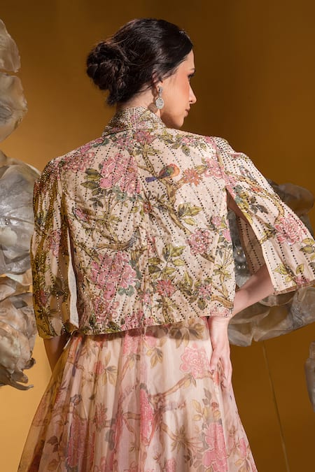 Shop_Sonia Baderia_Beige Chiffon Stones, Embroidery V-neck, Collared Floral Print Jacket Skirt Set _at_Aza_Fashions