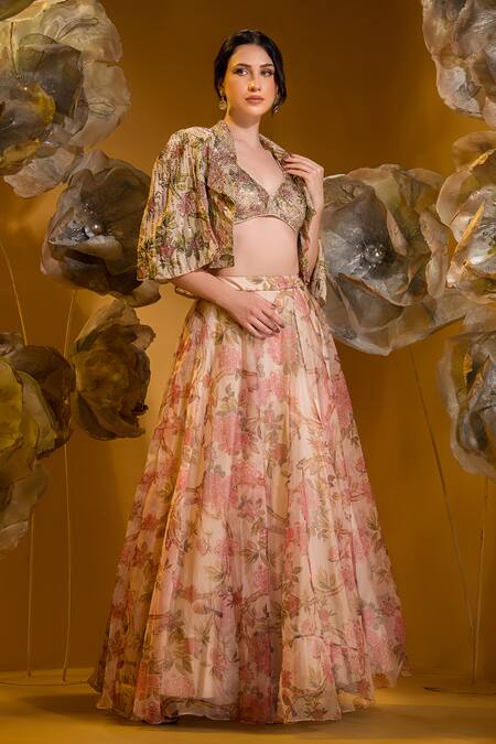 Sonia Baderia_Beige Chiffon Stones, Embroidery V-neck, Collared Floral Print Jacket Skirt Set _Online_at_Aza_Fashions