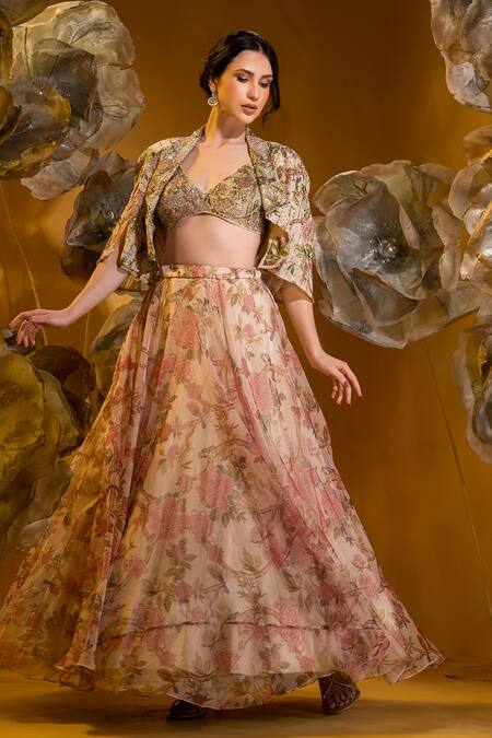 Buy_Sonia Baderia_Beige Chiffon Stones, Embroidery V-neck, Collared Floral Print Jacket Skirt Set _Online_at_Aza_Fashions