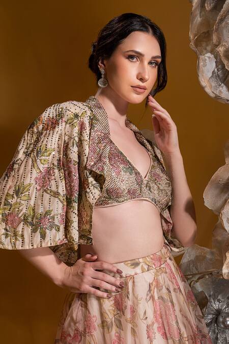 Sonia Baderia_Beige Chiffon Stones, Embroidery V-neck, Collared Floral Print Jacket Skirt Set _at_Aza_Fashions