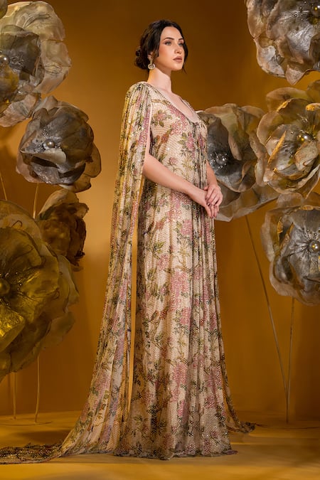 Sonia Baderia_Beige Chiffon Printed Floral U Neck Gown _Online_at_Aza_Fashions
