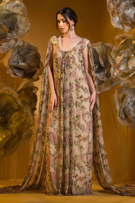 Buy_Sonia Baderia_Beige Chiffon Printed Floral U Neck Gown _Online_at_Aza_Fashions