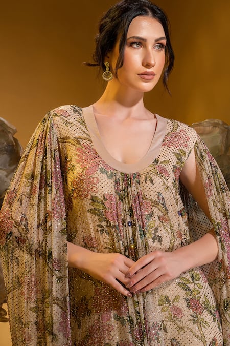Shop_Sonia Baderia_Beige Chiffon Printed Floral U Neck Gown _Online_at_Aza_Fashions