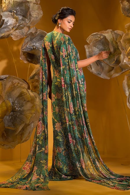 Shop_Sonia Baderia_Green Chiffon Printed Garden U Neck Gown _at_Aza_Fashions