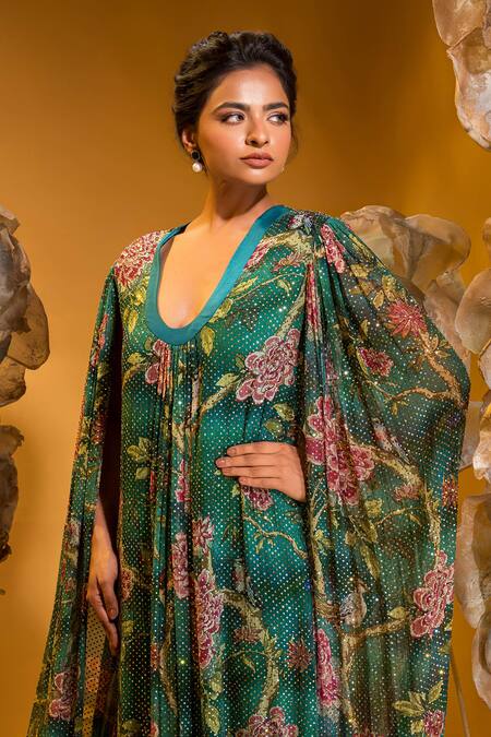 Buy_Sonia Baderia_Green Chiffon Printed Garden U Neck Gown _Online_at_Aza_Fashions