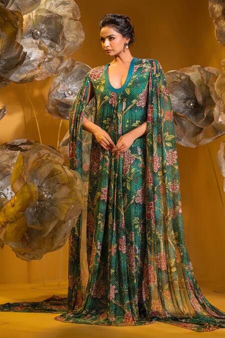 Shop_Sonia Baderia_Green Chiffon Printed Garden U Neck Gown _Online_at_Aza_Fashions