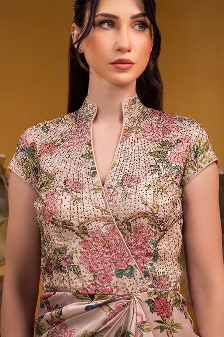 Shop_Sonia Baderia_Beige Taffeta Printed Floral Mandarin Collar Draped Dress _Online_at_Aza_Fashions
