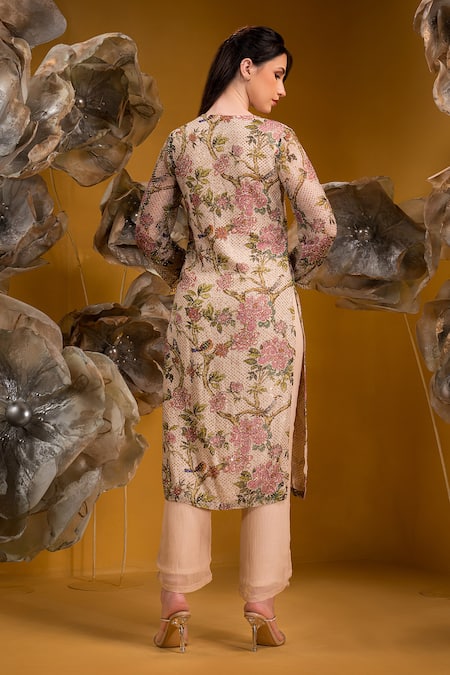 Shop_Sonia Baderia_Beige Chiffon Embroidery, Sequins Split V-neck Flower Print Kurta Set _at_Aza_Fashions