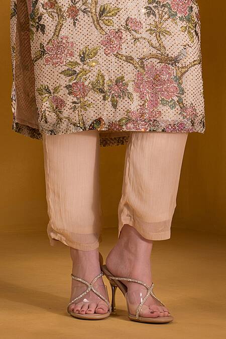 Sonia Baderia_Beige Chiffon Embroidery, Sequins Split V-neck Flower Print Kurta Set _Online_at_Aza_Fashions