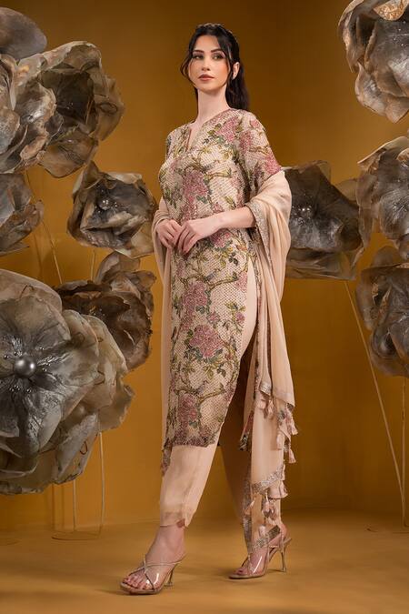 Shop_Sonia Baderia_Beige Chiffon Embroidery, Sequins Split V-neck Flower Print Kurta Set _Online_at_Aza_Fashions