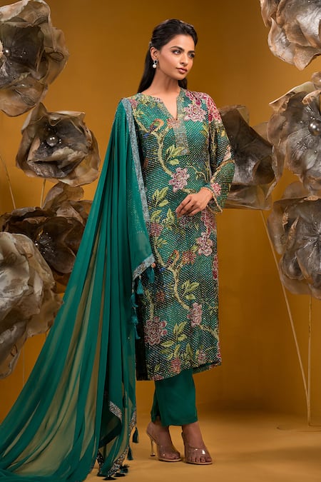 Buy Sonia Baderia Green Chiffon Stones, Smocking Collared Swarovski Embellished Kurta Set Online at Aza Fashions Buy_Sonia Baderia_Green Chiffon Stones, Smocking Collared Swarovski Embellished Kurta Set _Online_at_Aza_Fashions
