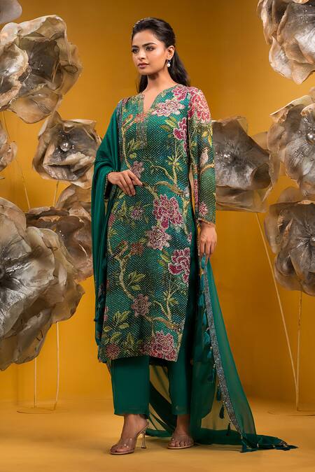 Shop Sonia Baderia Green Chiffon Stones, Smocking Collared Swarovski Embellished Kurta Set Online at Aza Fashions Shop_Sonia Baderia_Green Chiffon Stones, Smocking Collared Swarovski Embellished Kurta Set _Online_at_Aza_Fashions