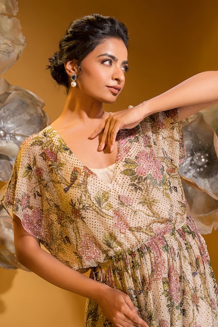 Sonia Baderia_Beige Chiffon Stones V-neck Tropical Print Dress _at_Aza_Fashions