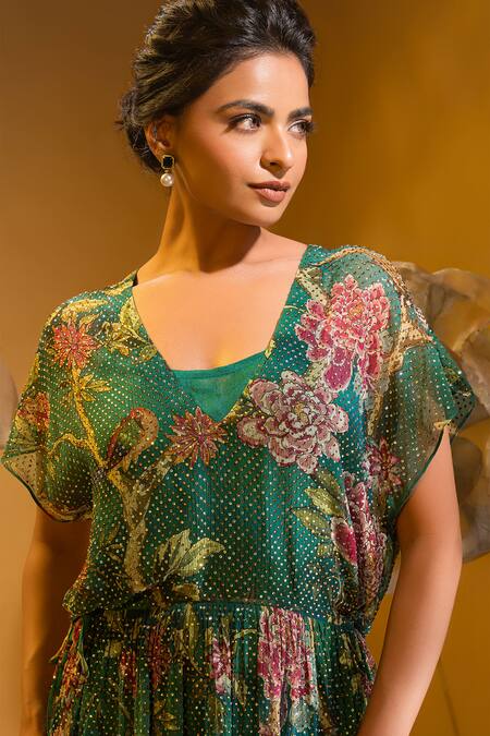 Shop_Sonia Baderia_Green Chiffon Printed Tropical V Neck Swarovski Embellished Dress _Online_at_Aza_Fashions
