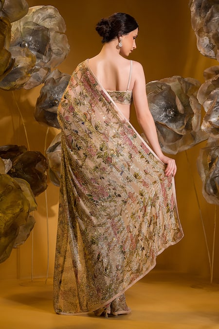 Shop_Sonia Baderia_Beige Chiffon Embroidery Sweetheart Neck Printed Saree With Bralette _at_Aza_Fashions