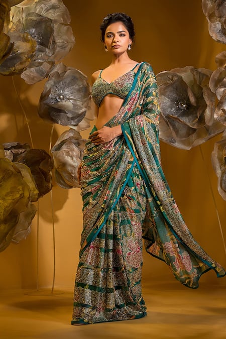 Sonia Baderia_Green Chiffon Sequins, Stones Sweetheart Neck Bloom Print Saree With Bralette _Online_at_Aza_Fashions