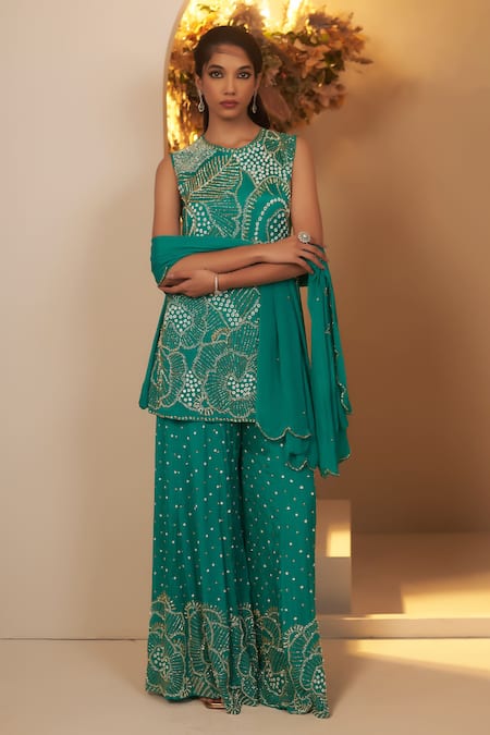 Baidehi_Green Chiffon, Georgette Cut Work, Pearls, Sequins, Floral Kurta Sharara Set _Online_at_Aza_Fashions