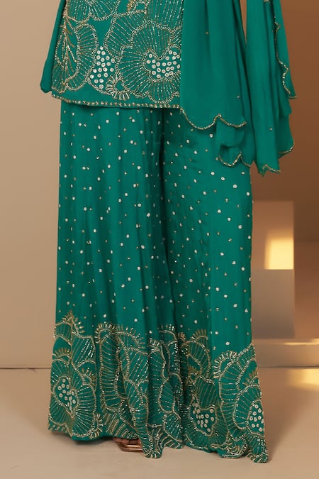Buy_Baidehi_Green Chiffon, Georgette Cut Work, Pearls, Sequins, Floral Kurta Sharara Set _Online_at_Aza_Fashions