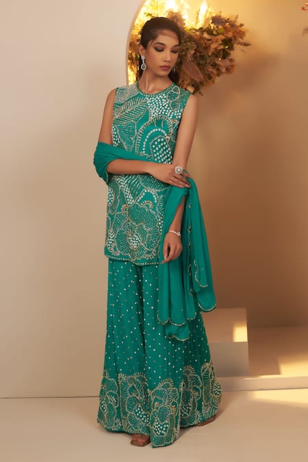 Shop_Baidehi_Green Chiffon, Georgette Cut Work, Pearls, Sequins, Floral Kurta Sharara Set _Online_at_Aza_Fashions