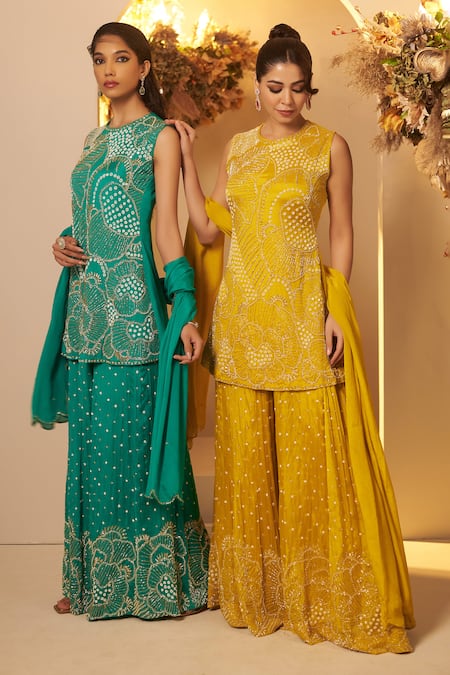 Shop_Baidehi_Green Chiffon, Georgette Cut Work, Pearls, Sequins, Floral Kurta Sharara Set 