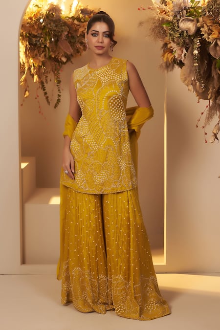 BAIDEHI Yellow Chinon Georgette Embroidery Floral Round Neck Bloom Kurta Sharara Set 