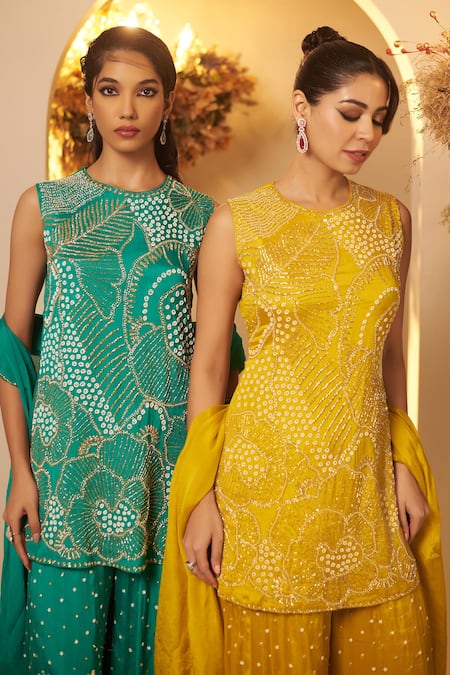 Baidehi_Yellow Chiffon, Georgette Cut Work, Floral Bloom Embroidered Kurta Sharara Set _Online_at_Aza_Fashions