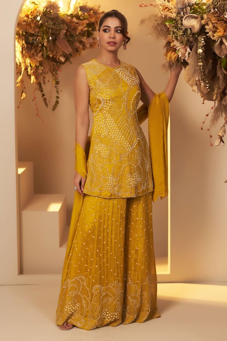 Shop_Baidehi_Yellow Chiffon, Georgette Cut Work, Floral Bloom Embroidered Kurta Sharara Set _Online_at_Aza_Fashions