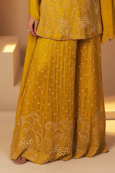 Baidehi_Yellow Chiffon, Georgette Cut Work, Floral Bloom Embroidered Kurta Sharara Set _at_Aza_Fashions