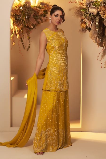 Buy_Baidehi_Yellow Chiffon, Georgette Cut Work, Floral Bloom Embroidered Kurta Sharara Set 