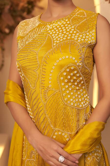 Shop_Baidehi_Yellow Chiffon, Georgette Cut Work, Floral Bloom Embroidered Kurta Sharara Set 