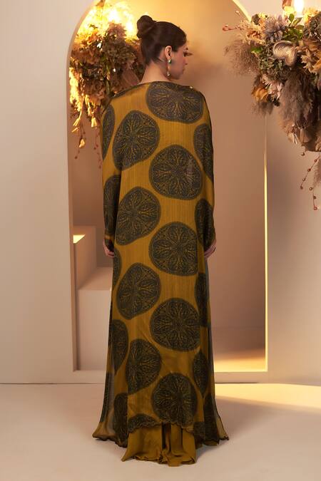 Shop_Baidehi_Green Cotton, Georgette, Chiffon Pearls, Foil Mandala Jacket Skirt Set _at_Aza_Fashions