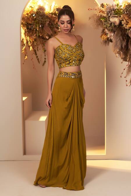 Baidehi_Green Cotton, Georgette, Chiffon Pearls, Foil Mandala Jacket Skirt Set _Online_at_Aza_Fashions
