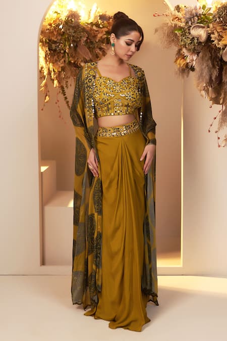 Buy_Baidehi_Green Cotton, Georgette, Chiffon Pearls, Foil Mandala Jacket Skirt Set _Online_at_Aza_Fashions