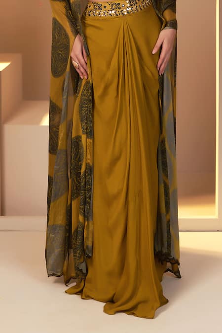 Shop_Baidehi_Green Cotton, Georgette, Chiffon Pearls, Foil Mandala Jacket Skirt Set _Online_at_Aza_Fashions