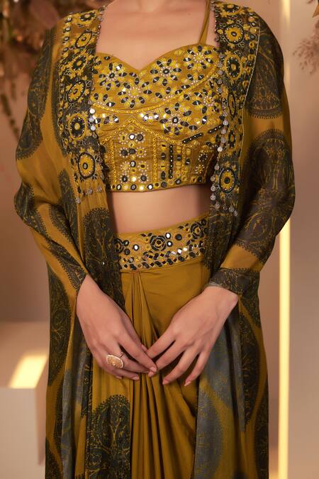 Baidehi_Green Cotton, Georgette, Chiffon Pearls, Foil Mandala Jacket Skirt Set _at_Aza_Fashions