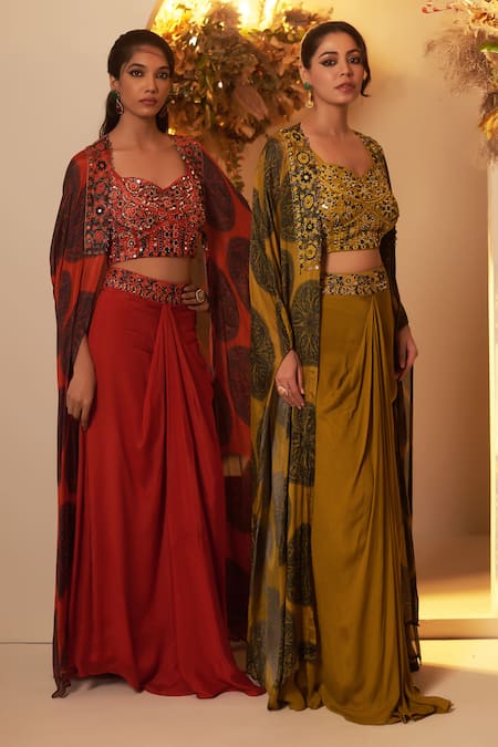 Buy_Baidehi_Green Cotton, Georgette, Chiffon Pearls, Foil Mandala Jacket Skirt Set 