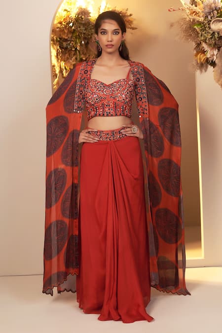 BAIDEHI Red Chinon Georgette Embroidery Multi Mandala Print Long Jacket Skirt Set 