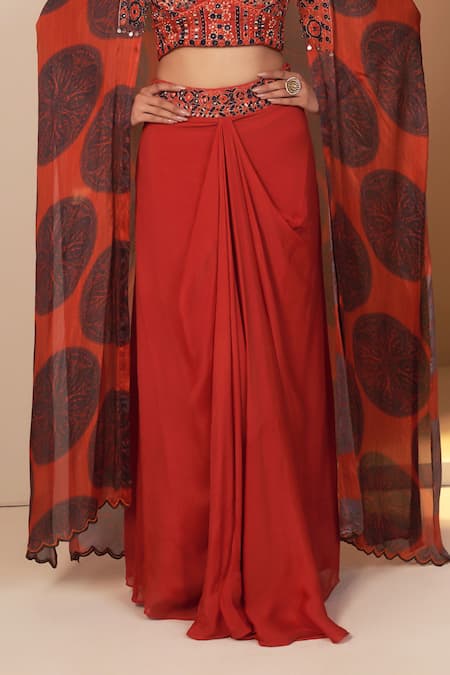 Buy_BAIDEHI_Red Cotton, Georgette, Chiffon Embroidery, Mandala Print Long Jacket Skirt Set_Online_at_Aza_Fashions