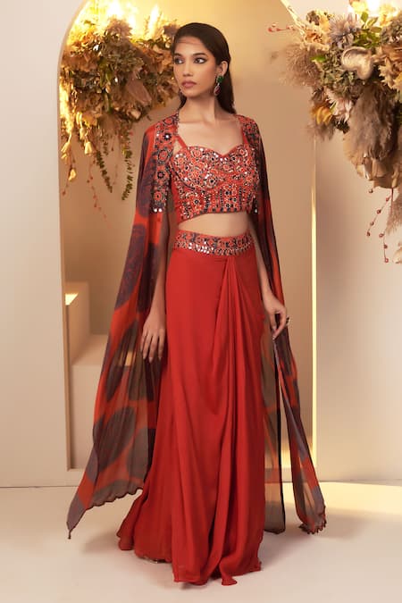 Shop_BAIDEHI_Red Cotton, Georgette, Chiffon Embroidery, Mandala Print Long Jacket Skirt Set_Online_at_Aza_Fashions