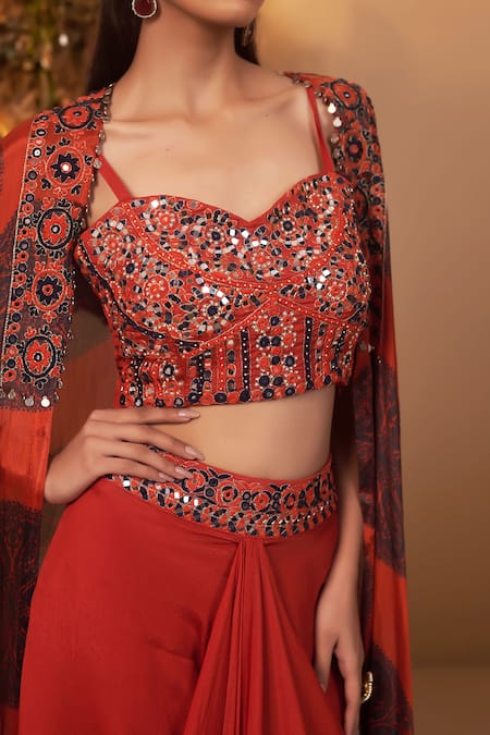 BAIDEHI_Red Cotton, Georgette, Chiffon Embroidery, Mandala Print Long Jacket Skirt Set_at_Aza_Fashions