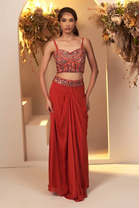 Buy_BAIDEHI_Red Cotton, Georgette, Chiffon Embroidery, Mandala Print Long Jacket Skirt Set