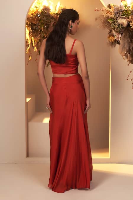 Shop_BAIDEHI_Red Cotton, Georgette, Chiffon Embroidery, Mandala Print Long Jacket Skirt Set