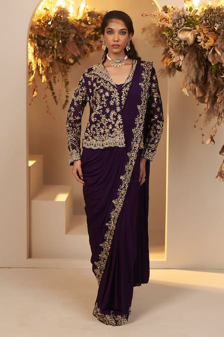 BAIDEHI Purple Chinon Georgette Embroidery Cutdana Flower Vine And Pre-draped Saree Set 