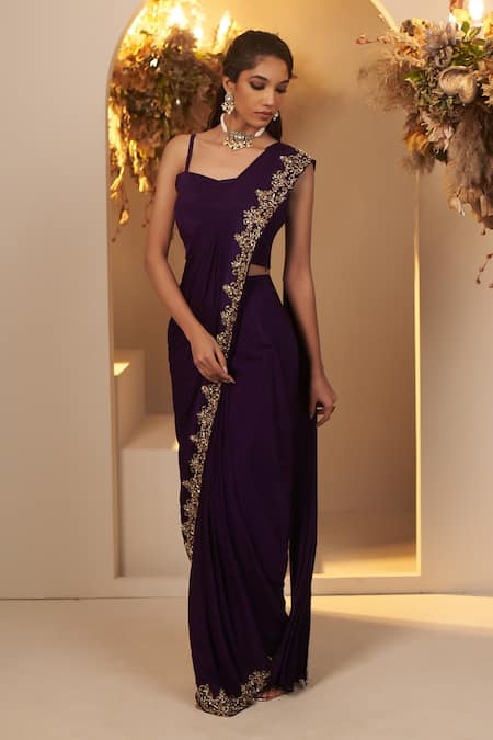 Baidehi_Purple Chiffon, Cotton Cut Flower Vine Embroidered Jacket And Pre-draped Saree Set _Online_at_Aza_Fashions